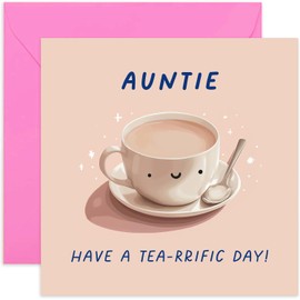 Old English Co. Funny Birthday Cards for Auntie - 'Tea-rrific Day' Humorous Pun Birthday Card for Her - Cute Thank You Card for Women - Cup of Tea Well Done Card | Blank Inside with Envelope
