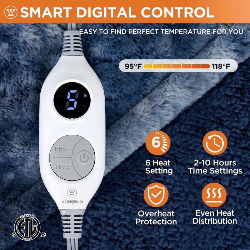 Westinghouse Electric Throw Blanket, Faux Fur Heated Blanket with 6