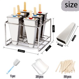 Set of 6 Stainless Steel Popsicle Molds Kit, Metal Popsicle Moulds,Homemade Ice Treat Makerwith 50 Wooden Sticks and 6 Silicone Seals and 20 Pop Bags,Cleaning Brush（Watermelon）