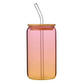 Slant Collections Glass Tumbler with Lid and Straw Glass Cup with Bamboo Lid, 16-Ounce, Pink Ombre