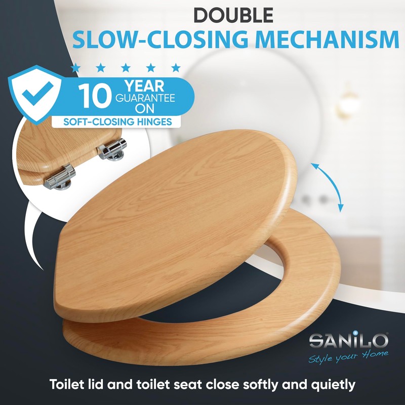 SANILO Wooden Toilet Seat with Soft Close [ROUND] - Decorative,
