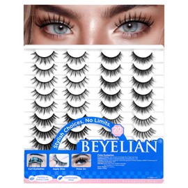 BEYELIAN False Eyelashes Natural Look 20 Pairs Strip Lashes, Wispy Lash Pack Soft 3D Volume Faux Mink Lashes That Look Like Extensions C-MIX-3