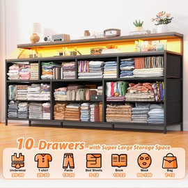 55" W Dresser for Bedroom with 10 Fabric Drawers Long Dresser with LED Lights & Power Outlets Wide Dressers & Chests of Drawers Large Organizer for Bedroom, Metal Frame, Wood Top, Rustic Brown