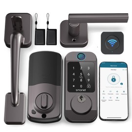 SMONET WiFi Smart Door Lock Set – Fingerprint Keyless Entry Bluetooth & Alexa Compatible, Auto Lock, Digital Keypad, Remote Control, Fob & App for Home, Rental, Gray