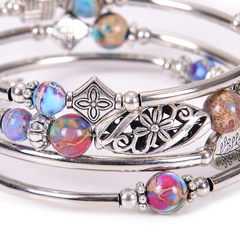 Cumilo Beaded Silver Bangle Wrap Bracelet with Natural Stones for