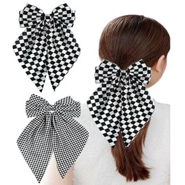 2pc Big Hair Bows with Long Tail for Women Girls Black White Checkered Ribbon Bowknot Hair Barrette Clip Fall Winter Ponytail Holder Hair Accessories (L)