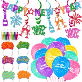 HOWAF 37pcs Colorful NYE Party Supplies - 2025 New Year Decorations, Happy New Year Banner, Headband, Balloons