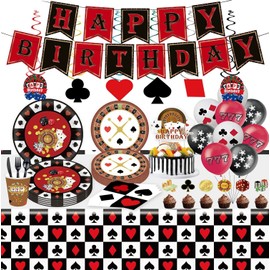 87 Piece Casino Party Supplies Las Vegas Happy Birthday Party Tableware Set Casino Night Party Decoration Supplies Poker Card Game Club Heart Spade Paper Plates Napkin Fork for 16 Guests