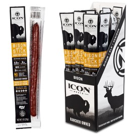 ICON Meats Bison and Pork Snack Sticks - Honey BBQ Flavor - 24 Pack of Individually Wrapped Jerky Meat Sticks, USDA Approved, All Natural, Diet Friendly, High Protein, Low Calorie, Low Sugar
