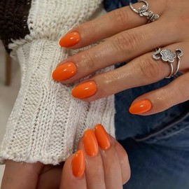 SXVME Uñas Postizas Cortas, Ovaladas Y Redondas, Color Naranja, Con Pegamento, Uñas Postizas Cortas, Uñas Acrílicas De Gel Hechas A Mano, Uñas Gruesas