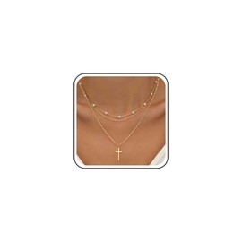 Ximdble Vintage Layered Cross Pendant Necklace Boho Pearl Choker Necklace Gold Cross Choker Necklace Pearl Station Chain Necklace for Women