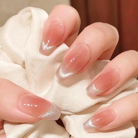 FINGOOO Nail Tips, Magnetic Type, 24 Pieces Included, Double Sided Tape, False Nails, Round Tip, Gel Nail, Glitter, Simple, Cute, Spring, Summer, Autumn and Winter (B, 24 Pieces)