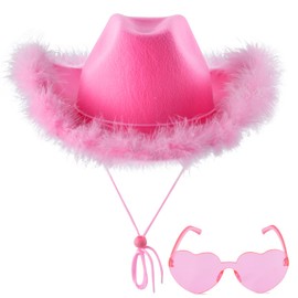 ZEBSF Pink Feathers Cowboy Cowgirl Hat with Heart Sunglasses - Pink Cowboy Hats for Women Cowgirl Outfits Bachelorette Western Birthday Disco Party Costume