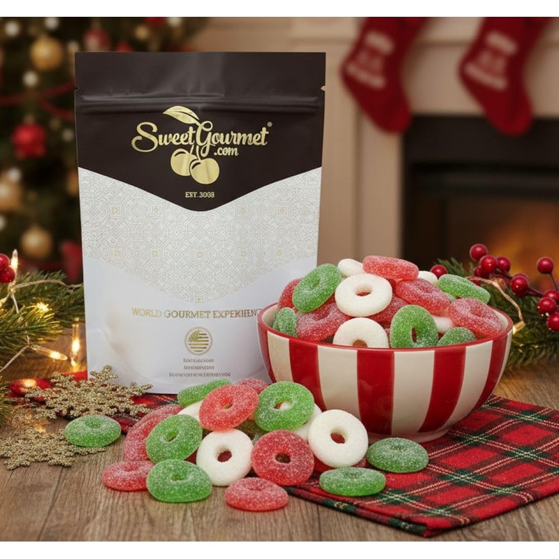 SweetGourmet Gummy Christmas Wreath Candy, 1 Pound Bag, Cherry, Strawberry-Banana
