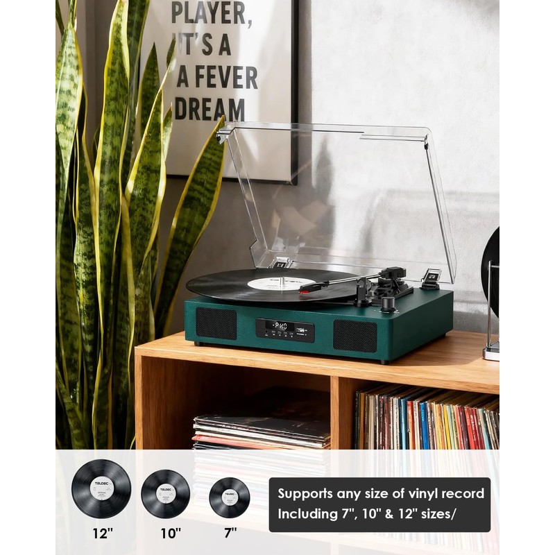 Vinyl Record Player with Built-in Speakers, USB Recording, Dark Green