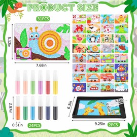 Tenceur 57 Pcs Kids' Sand Art Kits Color Sand Art Pictures Peel and Stick 12 Color Kit Painting Board Painting Tray Brush Bottles (Animal World and Transportation)