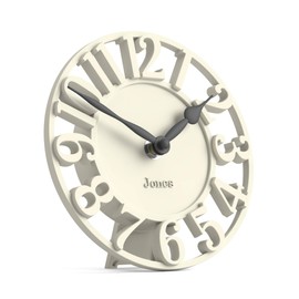Jones Clocks® Ealing desk clock | Mini skeleton clock | Pale cream | Freestanding contemporary mantel clock with cut out numbers for shelf, table, mantel or bedside