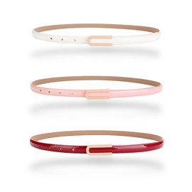 Women's Belt Fashion Elegant Skinny Patent Leather Belts Genuine Leather Waistband Slim Waist Belt Gold Alloy Buckle, 3-pack, Red, White & Pink, For Waist 28"- 34", Women Size S-M, 4-6