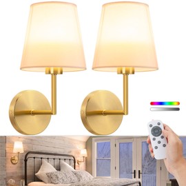 VOLISUN Battery Operated Wall Sconce Set of Two,Gold Wireless Sconces with Romote and Rechargeable Bulbs,9 Colors Indoor Wireless Wall Lights for Bedroom Living Room Hallway