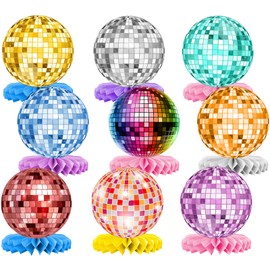 JWTRSVTY 9 Pieces Disco Honeycomb Table Decorations, Vintage Disco Ball Party Decoration, Disco Themed Honeycomb Decorations, Retro Disco Party Decoration Accessories, for Birthdays, Parties, Table