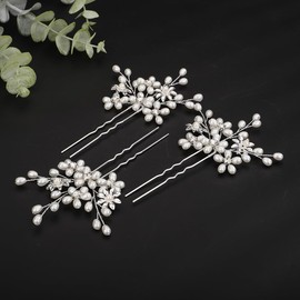 Teyglen 3pcs Bridal Pearl Hair Pins Pearl Flower Bride Wedding Hair Pins Set Floral Gold Silver Flower Crystal Hair Pieces Wedding Hair Accessories for Women Bride Bridesmaid (Silver)