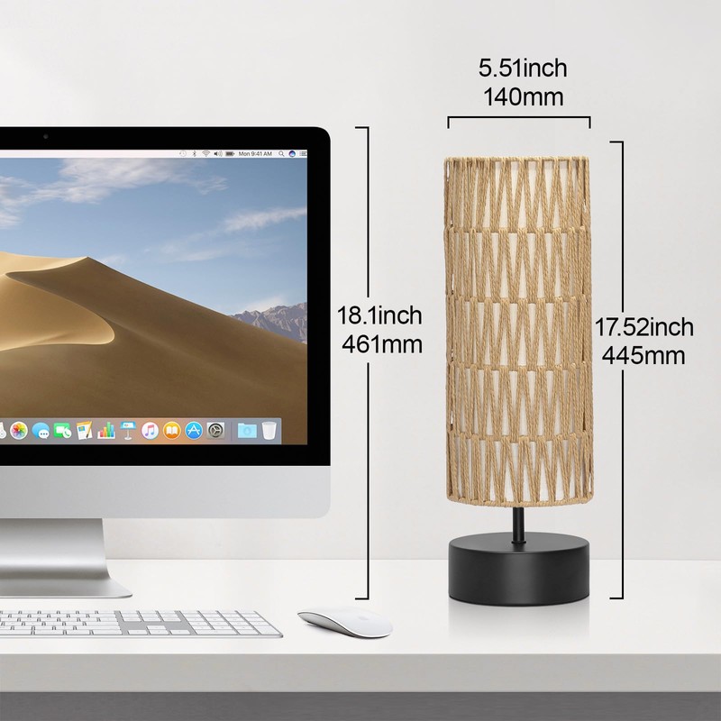 Rattan Table Lamp, Touch Control Bedside Table Lamp with Black