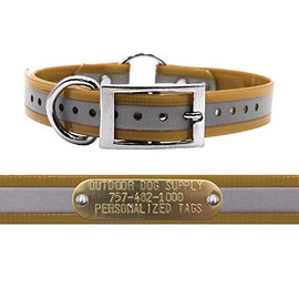 Outdoor Dog Supply's 1" Wide Reflective Ring in Center Dog Collar Strap with Custom Brass Name Plate (21" Long, Reflective Tan)