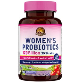 Vitalitown Probiotics for Women 120 Billion CFUs, 30 Strains, with Prebiotics & Digestive Enzymes & Cranberry, Gut & Vaginal Health, Vegan 30 Delayed Release Caps