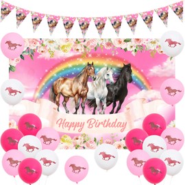 JOYMEMO Horse Birthday Party Decorations Girls, Cute Cartoon Horse Theme Backdrop Happy Birthday Pennant Banner and Printed Balloons for Rainbow Horse Party Supplies