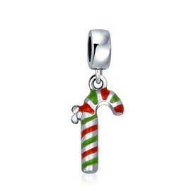 Winter Holiday Stripe Red Green Enamel Christmas Peppermint Candy Cane Dangle Bead Charm For Teen For Women .925 Sterling Silver Fits European Bracelet