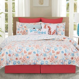 C&F Home Shelly Shores 3-Piece King Quilt Set with 2 King Shams Coastal Nautical Cream Watercolor Sea Animals Coral Blue Starfish Shells Reversible Blue Animal Pattern King 3 Piece Set Multicolored