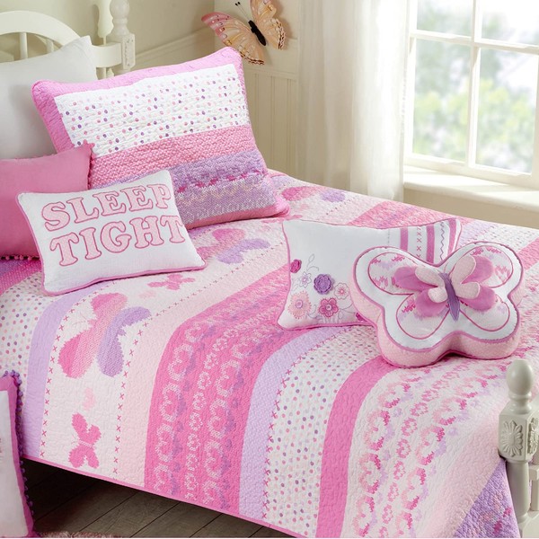 Cozy Line Home Fashions Cute Pink Butterfly Stripe Hearts 100% Cotton Soft Bedding Quilt Set, Coverlet, Bedspread (Twin - 2 Piece)