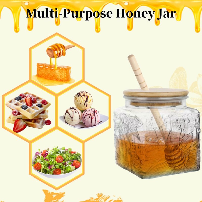 ANSQU Honey Pot, Airtight Glass Honey Jar with Bamboo Lid