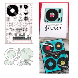 Music Phonograph Stamps and Dies Set for Card Making,Clear Stamps and Metal Cutting Dies Sets for Scrapbooking DIY Album Card Making Supplies
