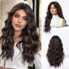 Macodio 26Inch Long Wavy Brown Wig with Highlights for Women – Natural Looking Middle Part Synthetic Wig with Loose Beach Waves, Heat Resistant Hair for Daily & Party Wear