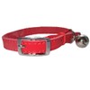 Leather cat collar, safety elastic, bell, metal buckle (Red)