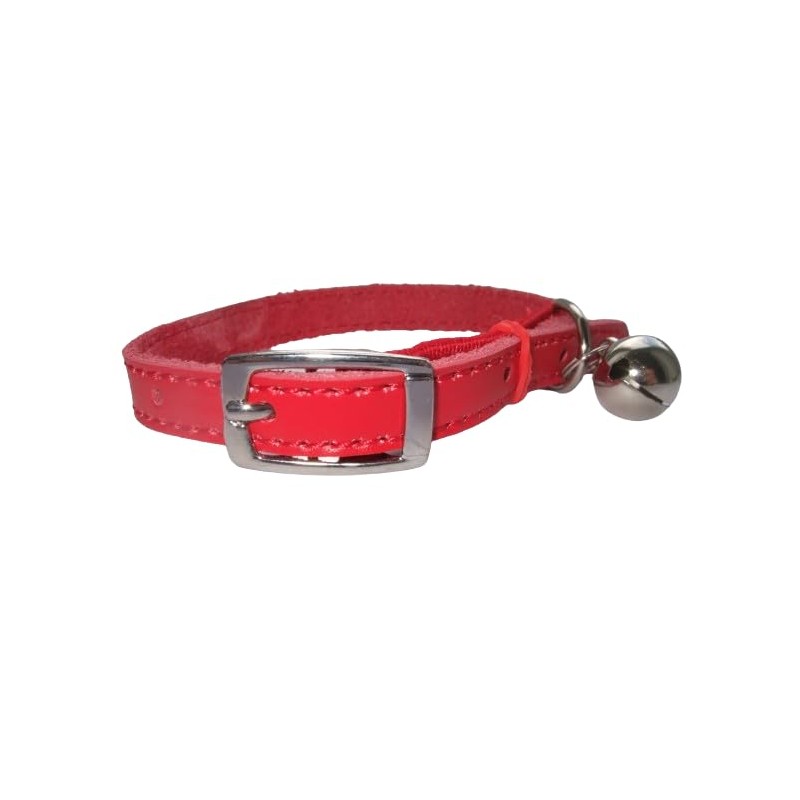 Leather cat collar, safety elastic, bell, metal buckle (Red)