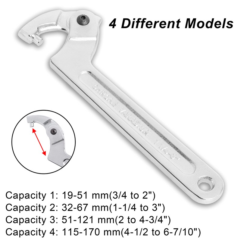 Wadoy Adjustable C Pin Spanner Hook Wrench for Hydraulic Ram