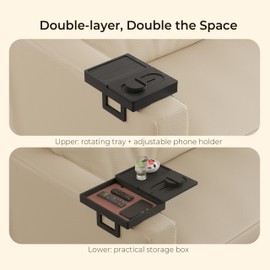 Wealone Black Couch Arm Tray with 2 Rotatable Tray, Adjustable Sofa Arm Clip Table with Storage Box & 360° Phone Holder, Bamboo Couch Armrest Table for Snacks, Drinks or Dining