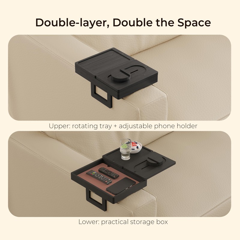 Wealone Black Couch Arm Tray with 2 Rotatable Tray, Adjustable