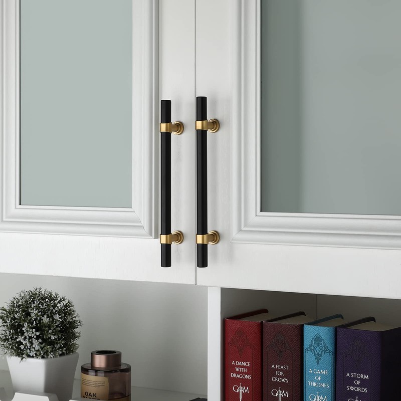 Haliwu 10 Pack Black Cabinet Pulls, Black&Gold Cabinet Handles, Barrel