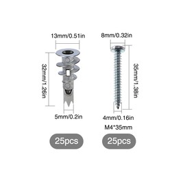 YIXISI 25 Screws & 25 Plasterboard Dowels Metal, Heavy Duty Metal Self-Drilling Plasterboard Dowels Raw Dowels Cavity Dowels Plasterboard Dowels
