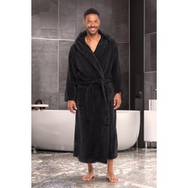 Alexander Del Rossa Mens Robe, Plush Fleece Hooded Bathrobe Men, Big and Tall Robe Black Large (A0125BLKLG)