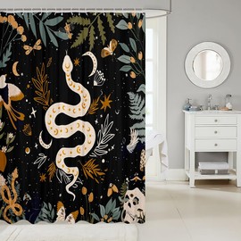 Cortina de ducha de serpiente, cortina de baño de sol y luna, juego de baño para niños y niñas, galaxia, cielo estrellado, mariposa, animales, juego de cortinas de tela impermeable, 72 pulgadas de ancho x 72 pulgadas de largo, color negro con 12 ganchos