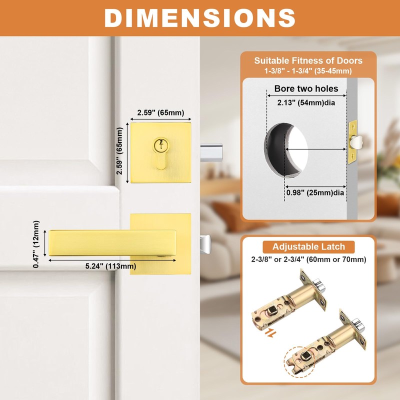 Probrico Satin Gold Exterior Door Locksets Square, Heavy Duty Front