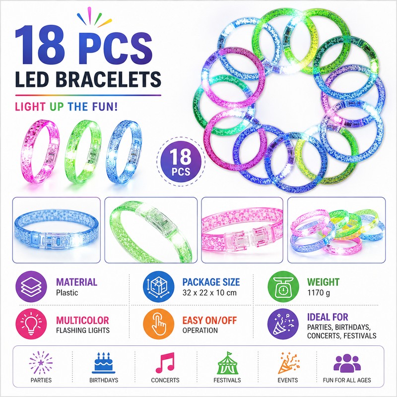 18-Pack LED Light Up Bracelets for Party Favors – Flashing