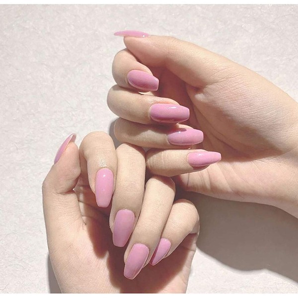 Chicque Short Press on Nails Coffin Pink Full Cover Fake Nails Glossy Ballerina False Nails Party Stick on Nail for Women and Girls 24PCS