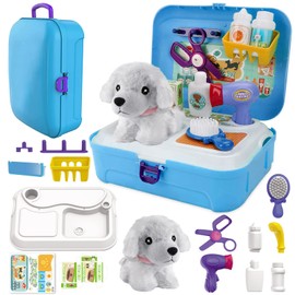 TEUVO Pet Care Playset, 16Pcs Kids Doctor Kit with Plush Dog & Backpack for Dog Grooming & Feeding, Pet Doctor Pretend Play Toys for 3 4 5 6 7 Years Old Girls Boys Birthday