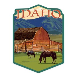 Lantern Press Sticker Idaho, Horses and Barn, Die Cut Vinyl, (Waterproof Decal for Cars, Water Bottles, Laptops, Coolers), Small