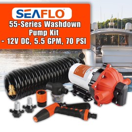 SEAFLO 55-Series Washdown Pump Kit - 12V DC, 5.5 GPM, 70 PSI, Self-Priming, Coiled Hose, Spray Nozzle, High Flow for RV, Boat, Off-Grid, Freshwater, and Saltwater Applications 4-Year Warranty